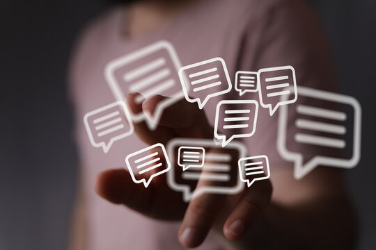 Concept of digital communication, messaging, and online interaction visualized through floating message bubbles. Ideal for articles or social me