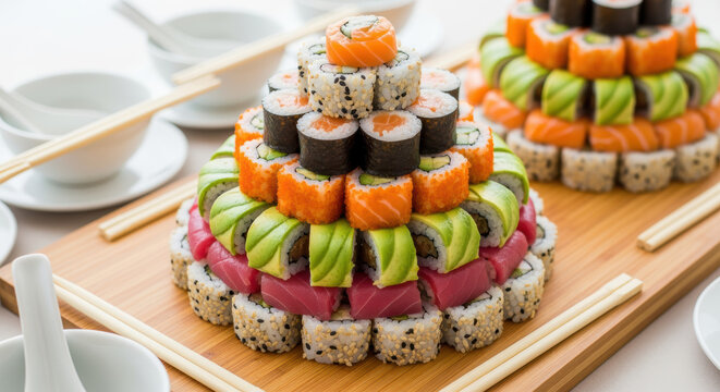 Towering layered sushi cake with assorted maki and nigiri rolls arranged on wooden board for festive celebration