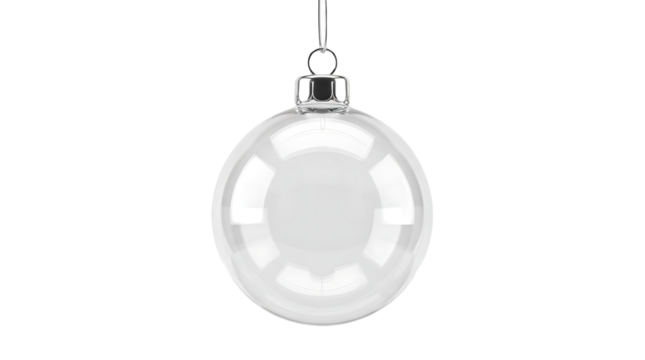 christmas ball bauble glossy transparent glass blank christmas silver hanging from top upright 3D rendering isolated