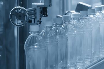 The  empty drinking water bottles  on the  conveyor belt for filling process in the blue scene.