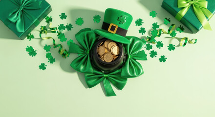 Festive st patricks day composition with leprechaun hat, gold coins, shamrocks, green gift boxes and decorative ribbons on pastel
