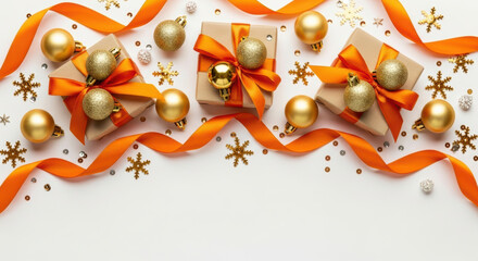Elegant christmas gift boxes with orange ribbons and golden baubles arranged with snowflakes and festive decorations on white background