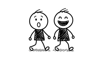 Two hand-drawn stick figures walking together, one with a surprised expression and the other laughing happily.