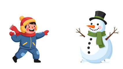 A cheerful boy in winter clothing throws a snowball at a snowman wearing a hat and scarf.