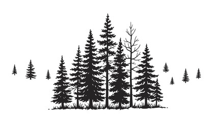 Stylized black and white illustration of a dense forest of pine trees with varying heights, depicting a natural landscape.