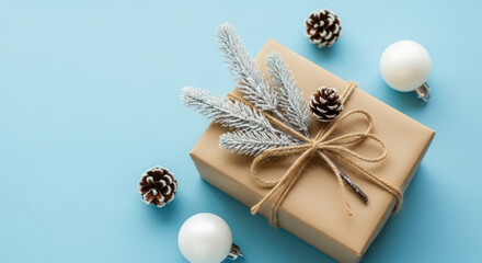 Minimalist christmas gift box with twine, pine cones and frosted evergreen branches on pastel blue festive background