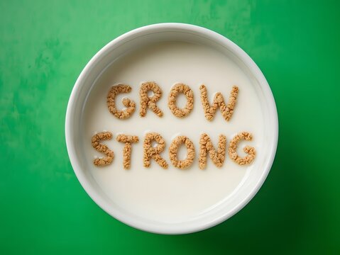 Cereal letters spelling Grow Strong floating in a milk bowl on a green background.