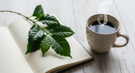Steaming cup of black coffee beside open notebook with green leafy branch on white wooden desk for morning creativity and planning