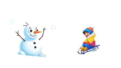 A cheerful snowman throws snow at a child who is sledding down a snowy hill on a winter day.