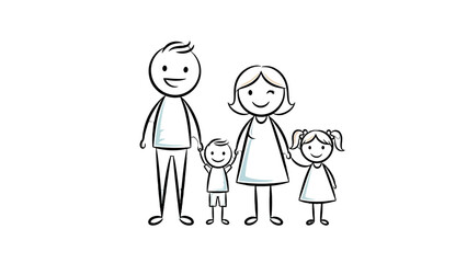 A simple, hand-drawn illustration of a happy family of four, including parents and two young children, holding hands.