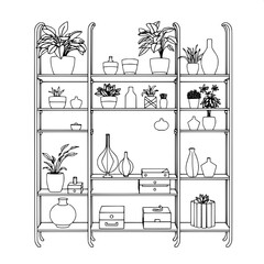 Clean outline drawing of a decorative indoor shelving system with sleek metal frames and rounded edges, holding a variety of potted plants with lush green leaves, small decorative objects like vintage