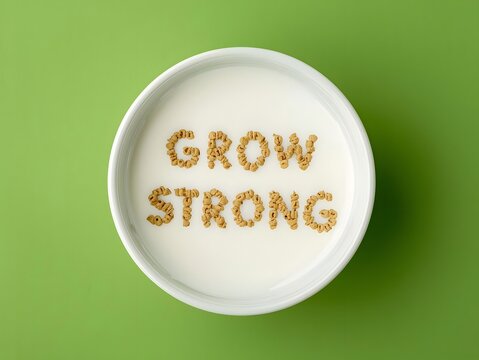 Motivational phrase Grow Strong created with cereal letters in milk against green background.