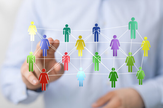 Abstract image showing a network of diverse, connected people. Represents teamwork, communication, and collaboration in a business or social con