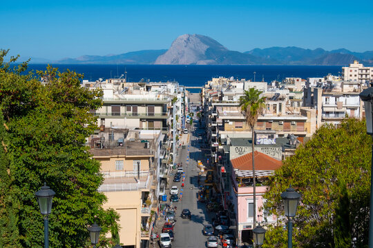 View of the city of Patras and the Gulf of Corinth from a hill