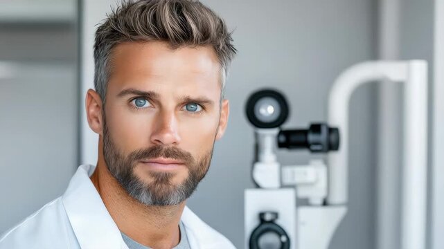 Male optometrist examining eye with slit lamp clinical examination, handsome focused gaze