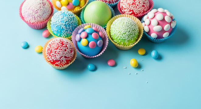 Colorful candy coated cake pops and chocolate truffles scattered on pastel blue background with sprinkles and sweets around