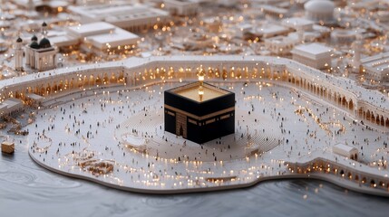 A miniature model of the Kaaba in Mecca, Saudi Arabia, surrounded by tiny figures representing pilgrims, bathed in soft, warm light.