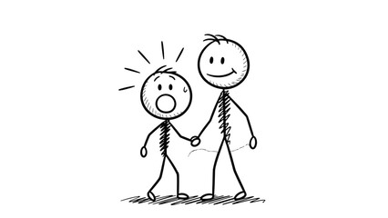 A stick figure is holding the hand of another stick figure who looks scared and surprised.