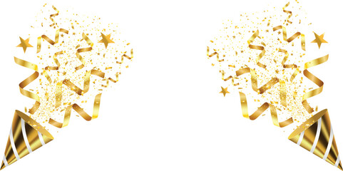 Golden confetti and party poppers isolated on a white background