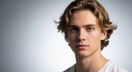 Confident young man with wavy blond hair wearing casual white shirt, looking at camera against soft gradient studio background
