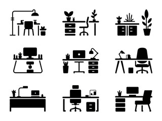 Collection of flat office workspace icons for design projects.