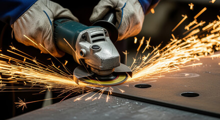 Worker using angle grinder to cut metal sheet, generating bright orange sparks in industrial workshop environment