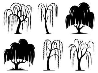Collection of black weeping willow tree silhouettes for design.