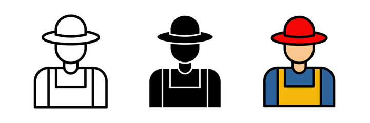 Farmer icon simple outline of a farmer wearing a hat and holding a pitchfork or tool, drawn in a clean minimal style.