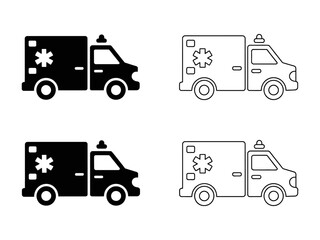 Four vector icons of ambulance vehicles in glyph and outline.