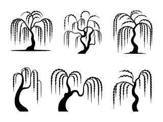 Isolated stylized weeping willow tree silhouette vector icon set