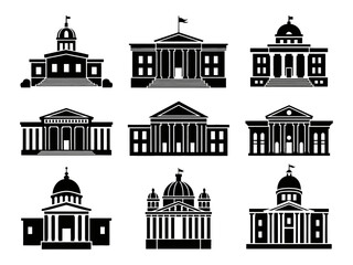 Nine detailed official and historic building silhouette icon set.