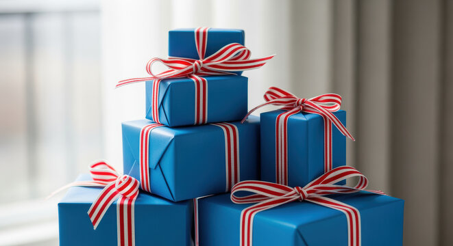 Stack of blue gift boxes tied with striped red and white ribbons in soft natural light near window interior