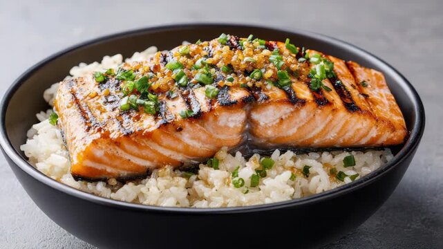 Grilled salmon fillet glazed over steamed rice garnished with chive chili and sesame glaze