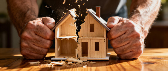 Splitting wooden model house symbolizing divorce, separation of assets, financial loss, housing crisis, broken home and property damage