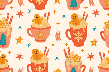 Seamless Christmas pattern with gingerbread cookies, festive milksnakes, candy canes and holiday elements Cozy winter background for wrapping paper, textiles, packaging and decor. Vector illustration