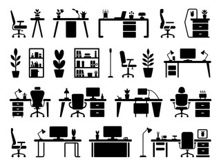 Vector set of modern office furniture silhouettes and elements.