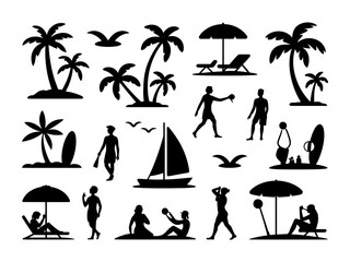 Vector silhouettes of people enjoying a tropical beach vacation.