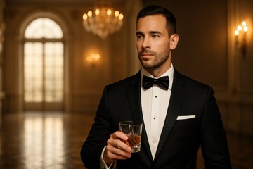 Man in tuxedo enjoying drink at elegant ballroom event