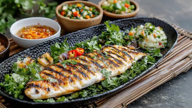 Grilled whole fish herbs with cilantro, charred garlic chili, spicy sauce rice salad and vegetable