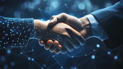 A handshake animation shows two people coming together for business. Wireframe connects as a poly line and modern technology concept, this animation is perfect for a hi-tech business presentation. - Powered by Adobe