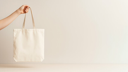 Hand holding a simple, empty tote bag against a wall