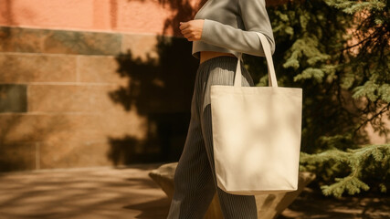 Walking stylishly with a tote bag on a sunny day