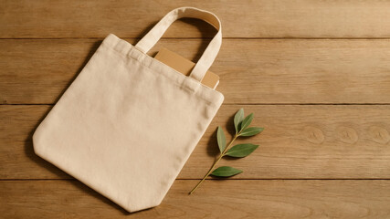 Canvas tote bag resting on wooden table with greenery