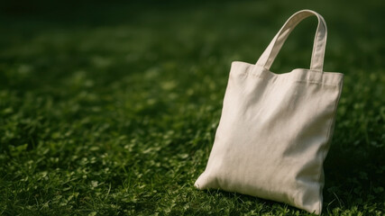 Stylish tote resting on grass in a serene garden