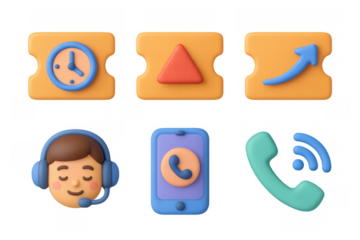 Colorful cartoon icon set for communication and business with ticket, time, and call elements