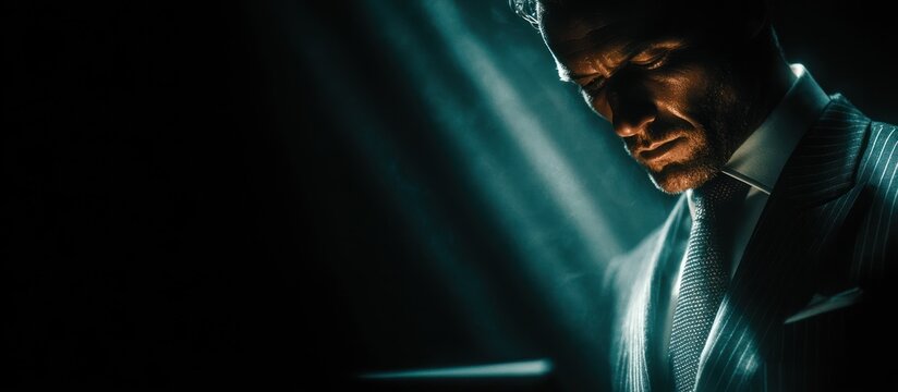 Man in suit, half lit, focused, with dramatic lighting, serious expression