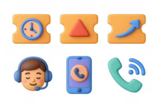 Colorful cartoon icon set for communication and business with ticket, time, and call elements