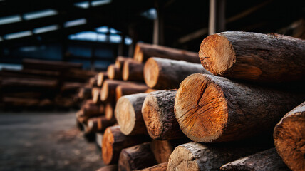 Logs in a woodworking plant warehouse, waste-free wood processing and production of goods from natural organic materials