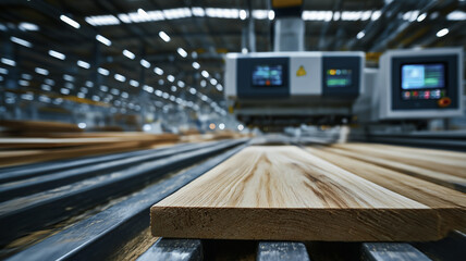 modern workshop with automated woodworking equipment displays polished wooden boards awaiting processing. Manufacture wood and wood processing