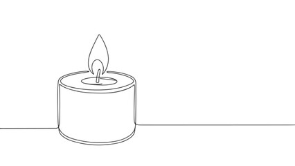 One continuous line art drawing of a lit candle with flame on white background, minimalistic and elegant